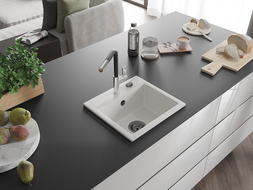 Mexen Milo granitový kuchyňský dřez 1-komorový s kuchyňskou baterií Flora, bílý - 6505-20-670401-07-B