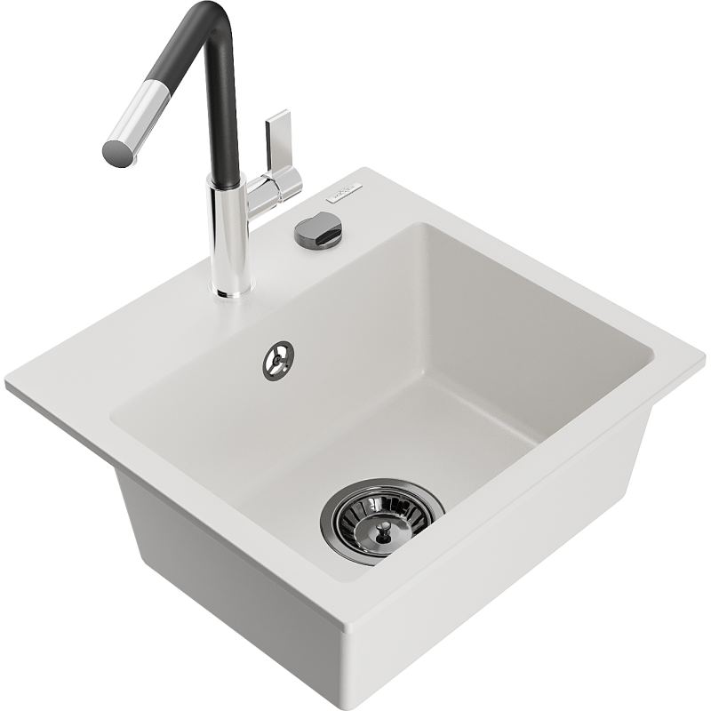 Mexen Milo granitový kuchyňský dřez 1-komorový s kuchyňskou baterií Flora, bílý - 6505-20-670401-07-B