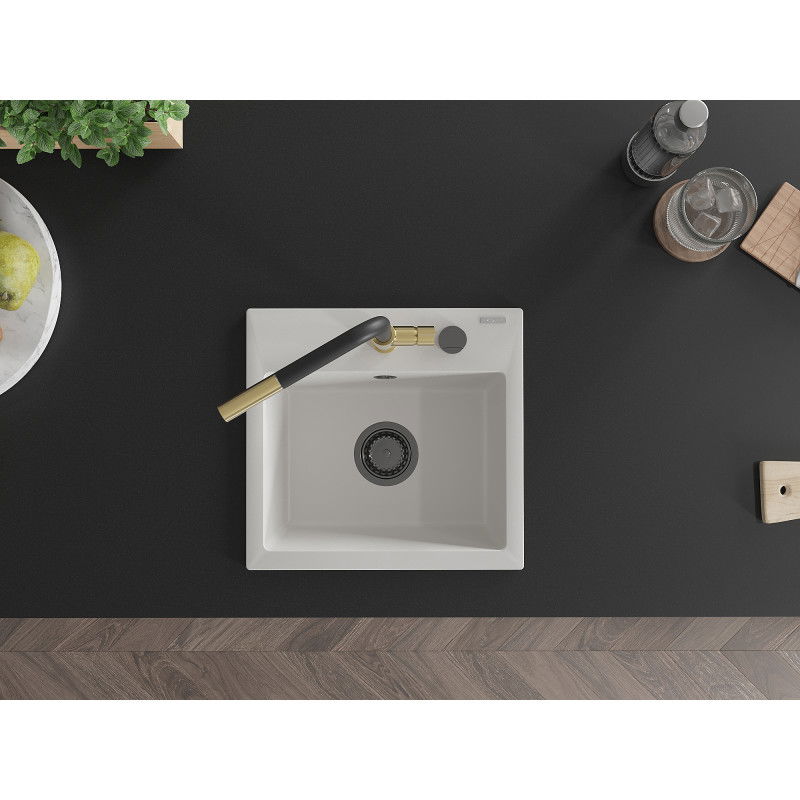 Mexen Milo granitový dřez 1-komorový s kuchyňskou baterií Flora, bílý - 6505-20-670401-57-B