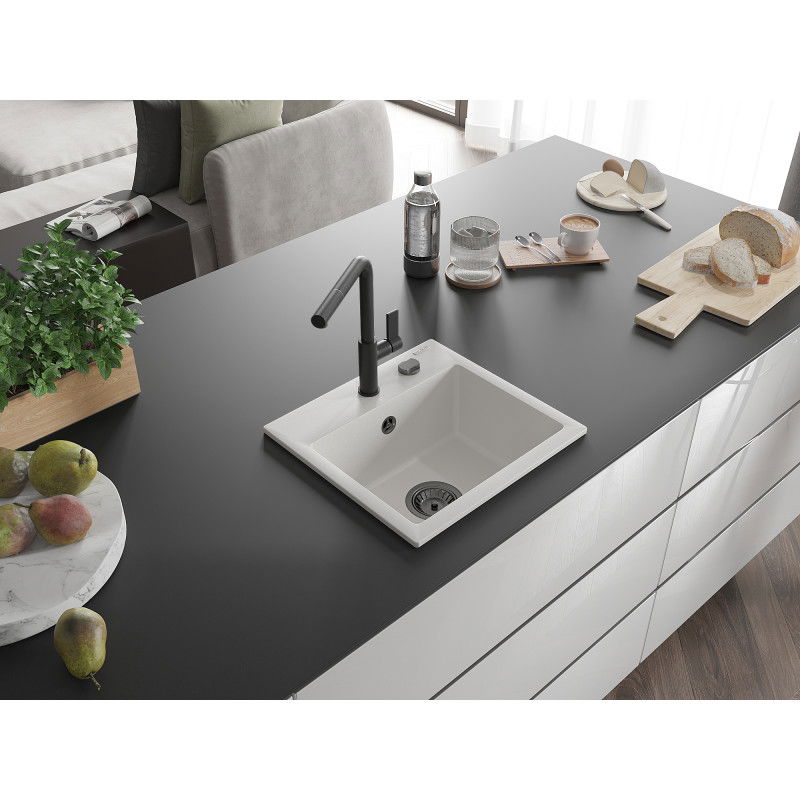 Mexen Milo granitový dřez 1-komorový s kuchyňskou baterií Flora, bílý - 6505-20-670401-70-B