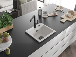 Mexen Milo granitový dřez 1-komorový s kuchyňskou baterií Flora, bílý - 6505-20-670401-70-B