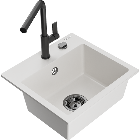 Mexen Milo granitový dřez 1-komorový s kuchyňskou baterií Flora, bílý - 6505-20-670401-70-B