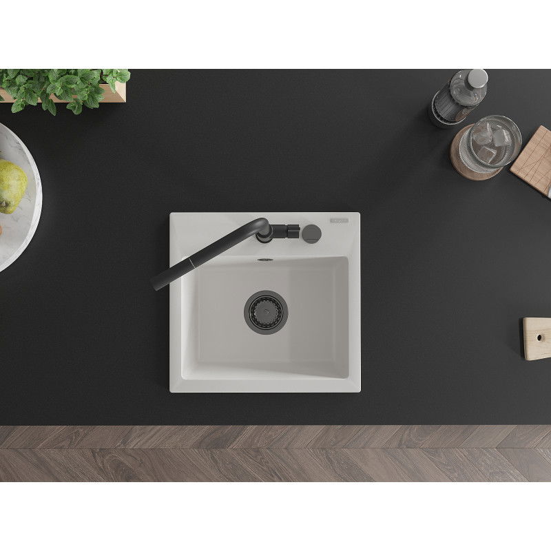 Mexen Milo granitový dřez 1-komorový s kuchyňskou baterií Flora, bílý - 6505-20-670401-70-B