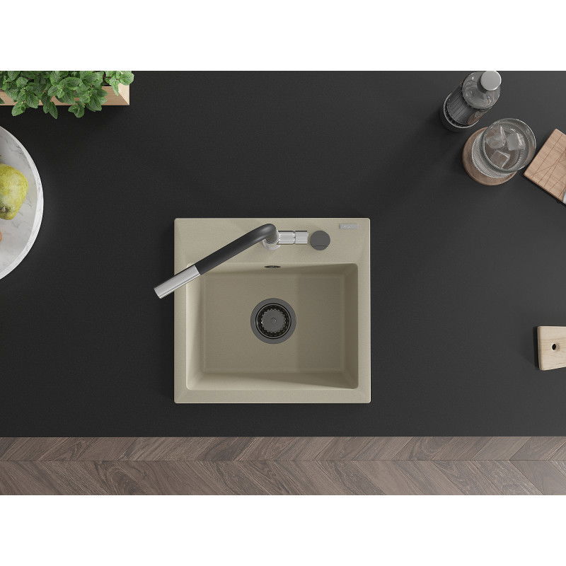 Mexen Milo granitový dřez 1-komorový s kuchyňskou baterií Flora, béžový - 6505-69-670401-07-B