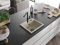 Mexen Milo granitový dřez jednodílný s kuchyňskou baterií Flora, béžový - 6505-69-670401-70-B