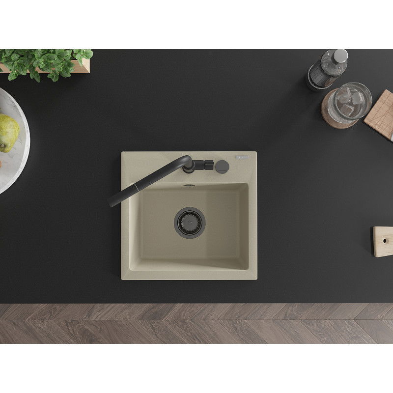 Mexen Milo granitový dřez jednodílný s kuchyňskou baterií Flora, béžový - 6505-69-670401-70-B