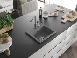 Mexen Milo granitový dřez 1-komorový s kuchyňskou baterií Flora, šedý - 6505-71-670401-06