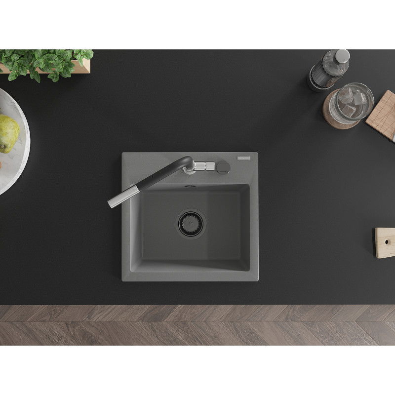 Mexen Milo granitový dřez s 1 komorou a kuchyňskou baterií Flora, šedý - 6505-71-670401-07-B