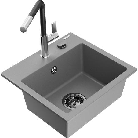 Mexen Milo granitový dřez s 1 komorou a kuchyňskou baterií Flora, šedý - 6505-71-670401-07-B