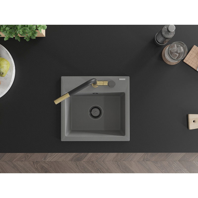 Mexen Milo granitový dřez 1-komorový s kuchyňskou baterií Flora, šedý - 6505-71-670401-57-B