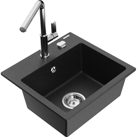 Mexen Milo granitový dřez 1-komorový s kuchyňskou baterií Flora, černý/stříbrný metalik - 6505-73-670401-00