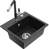 Mexen Milo granitový dřez 1-komorový s kuchyňskou baterií Flora, černý/stříbrný metalík - 6505-73-670401-07