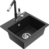 Mexen Milo granitový dřez 1-komorový s kuchyňskou baterií Flora, černý/stříbrný metalík - 6505-73-670401-07