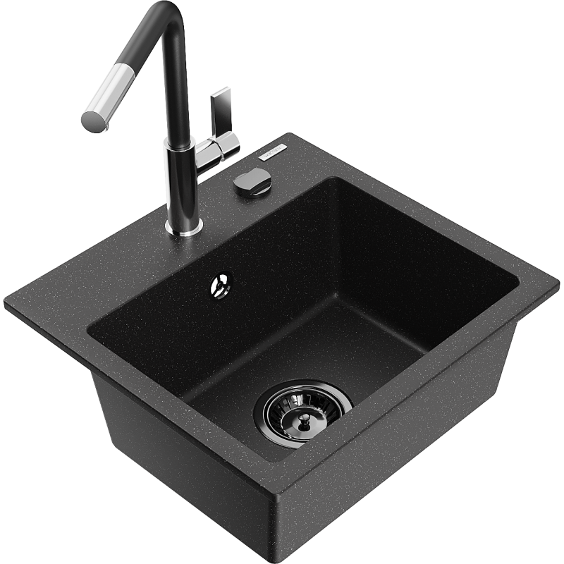 Mexen Milo granitový dřez 1-komorový s kuchyňskou baterií Flora, černý/stříbrný metalik - 6505-73-670401-07-B