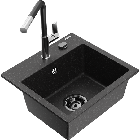 Mexen Milo granitový dřez 1-komorový s kuchyňskou baterií Flora, černý/stříbrný metalik - 6505-73-670401-07-B