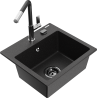 Mexen Milo granitový dřez 1-komorový s kuchyňskou baterií Flora, černý/stříbrný metalik - 6505-73-670401-07-B