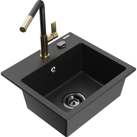 Mexen Milo granitový dřez 1-komorový s kuchyňskou baterií Flora, černý/stříbrný metalik - 6505-73-670401-57-B