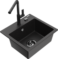 Mexen Milo granitový dřez 1-komorový s kuchyňskou baterií Flora, černý/stříbrný metalík - 6505-73-670401-70-B