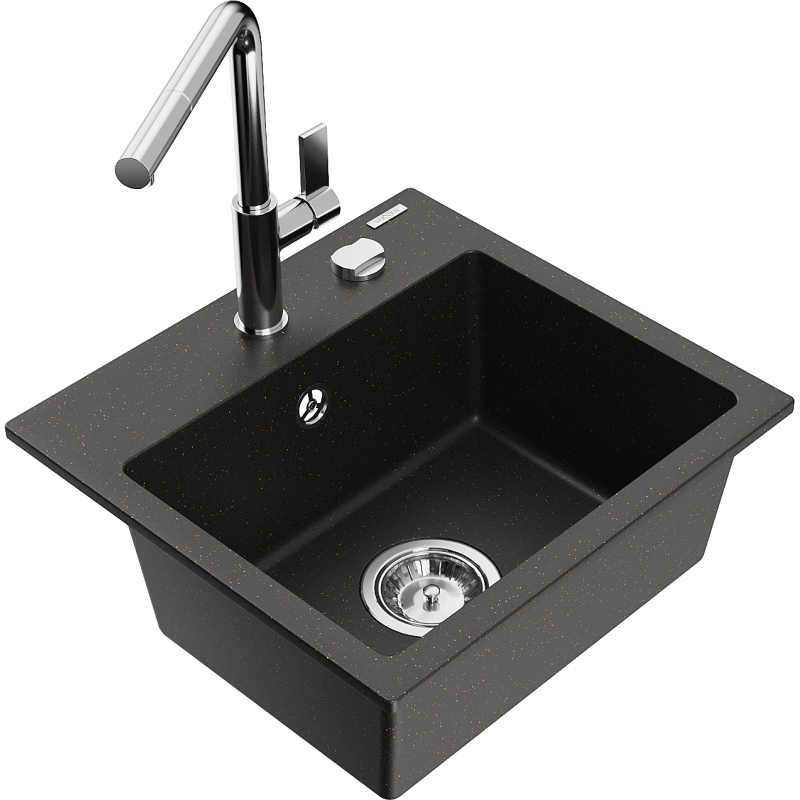 Mexen Milo granitový dřez 1-komorový s kuchyňskou baterií Flora, černý/zlatý metalický - 6505-75-670401-00