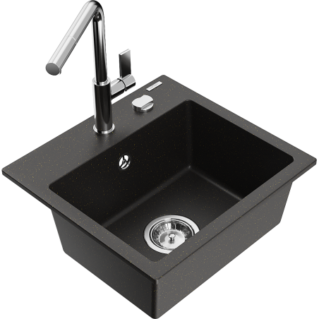 Mexen Milo granitový dřez 1-komorový s kuchyňskou baterií Flora, černý/zlatý metalický - 6505-75-670401-00
