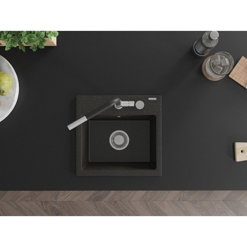 Mexen Milo granitový dřez 1-komorový s kuchyňskou baterií Flora, černý/zlatý metalík - 6505-75-670401-07