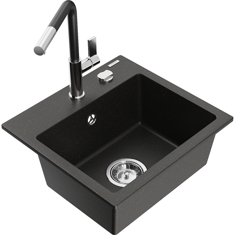 Mexen Milo granitový jednodřez s kuchyňskou baterií Flora, černý/zlatý metalík - 6505-75-670401-07
