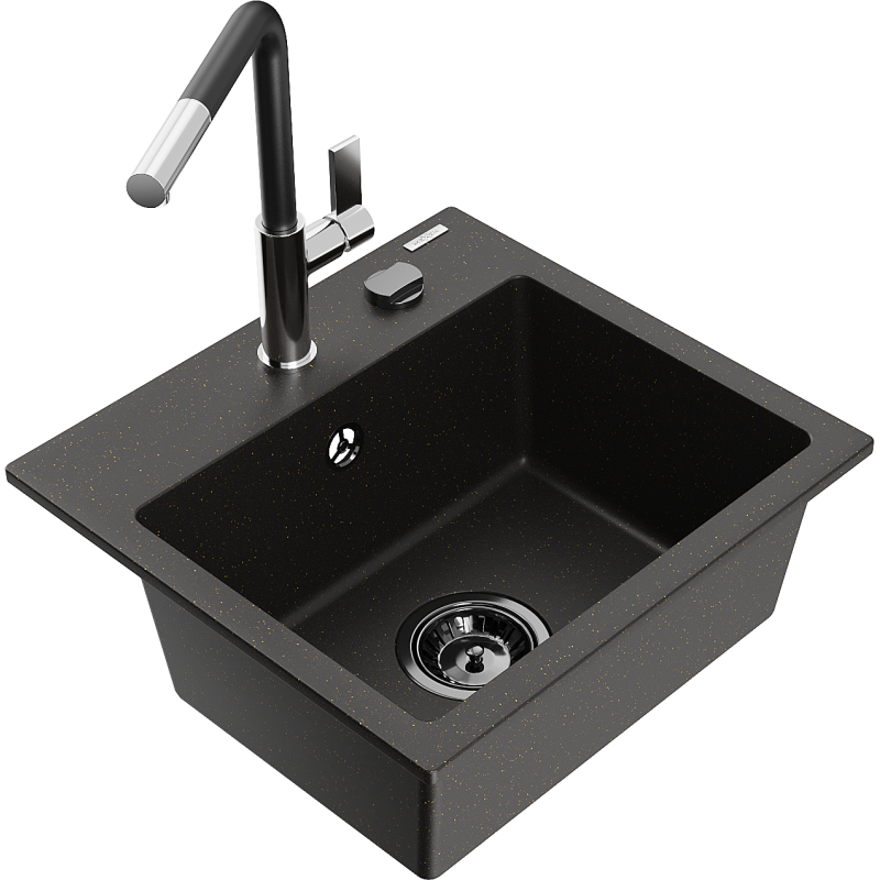 Mexen Milo žulový dřez 1-komorový s kuchyňskou baterií Flora, černý/zlatý metalický - 6505-75-670401-07-B