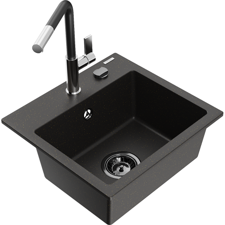 Mexen Milo žulový dřez 1-komorový s kuchyňskou baterií Flora, černý/zlatý metalický - 6505-75-670401-07-B