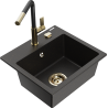 Mexen Milo granitový dřez 1-komorový s kuchyňskou baterií Flora, černý/zlatý metalický - 6505-75-670401-57-G