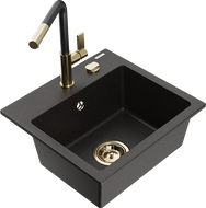 Mexen Milo granitový dřez 1-komorový s kuchyňskou baterií Flora, černý/zlatý metalický - 6505-75-670401-57-G