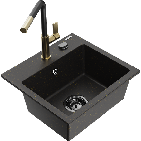 Mexen Milo granitový dřez 1-komorový s kuchyňskou baterií Flora, černý/zlatý metalický - 6505-75-670401-57-B