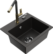 Mexen Milo granitový dřez 1-komorový s kuchyňskou baterií Flora, černý/zlatý metalický - 6505-75-670401-57-B