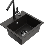 Mexen Milo granitový dřez 1-komorový s kuchyňskou baterií Flora, černý/zlatý metalik - 6505-75-670401-70-B