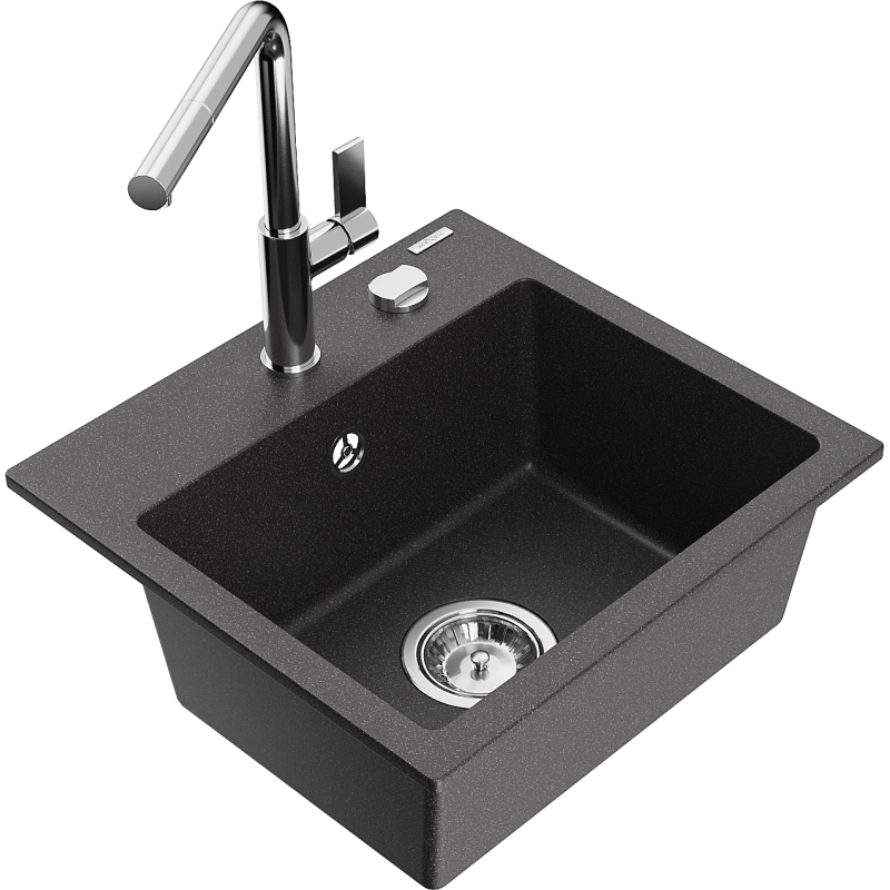 Mexen Milo granitový dřez 1-komorový s kuchyňskou baterií Flora, černý kropenatý - 6505-76-670401-00