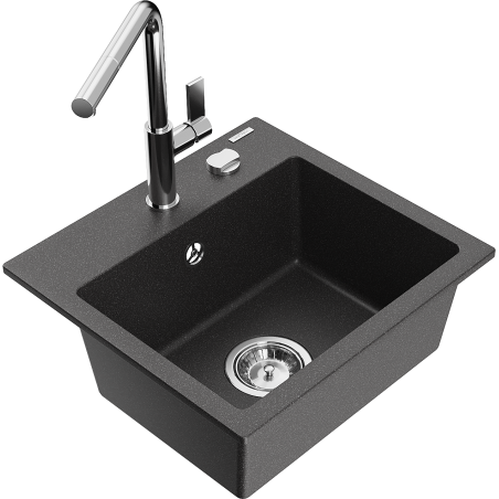 Mexen Milo granitový dřez 1-komorový s kuchyňskou baterií Flora, černý kropenatý - 6505-76-670401-00