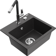 Mexen Milo granitový dřez 1-komorový s kuchyňskou baterií Flora, černý skvrnitý - 6505-76-670401-07