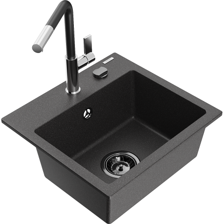 Mexen Milo granitový dřez 1-komorový s kuchyňskou baterií Flora, černý skvrnitý - 6505-76-670401-07-B