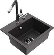 Mexen Milo granitový dřez 1-komorový s kuchyňskou baterií Flora, černý skvrnitý - 6505-76-670401-07-B