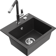 Mexen Milo granitový dřez 1-komorový s kuchyňskou baterií Flora, černý/zlatý metalický - 6505-76-670401-08