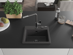 Mexen Milo granitový kuchyňský dřez 1-komorový s kuchyňskou baterií Flora, černý se skvrnami - 6505-76-670401-08-B