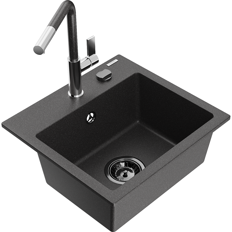 Mexen Milo granitový kuchyňský dřez 1-komorový s kuchyňskou baterií Flora, černý se skvrnami - 6505-76-670401-08-B