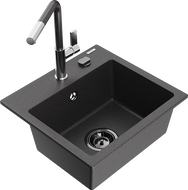 Mexen Milo granitový kuchyňský dřez 1-komorový s kuchyňskou baterií Flora, černý se skvrnami - 6505-76-670401-08-B