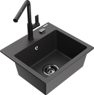 Mexen Milo granitový dřez 1-komorový s kuchyňskou baterií Flora, černý skvrnitý - 6505-76-670401-70-B