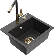 Mexen Milo granitový dřez 1-komorový s kuchyňskou baterií Flora, černý s tečkami - 6505-76-670401-75-G