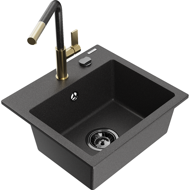 Mexen Milo granitový dřez 1-komorový s kuchyňskou baterií Flora, černý kropenatý - 6505-76-670401-75-B