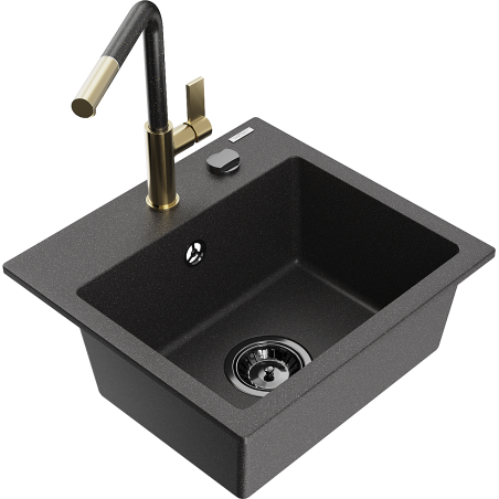 Mexen Milo granitový dřez 1-komorový s kuchyňskou baterií Flora, černý kropenatý - 6505-76-670401-75-B