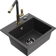 Mexen Milo granitový dřez 1-komorový s kuchyňskou baterií Flora, černý kropenatý - 6505-76-670401-75-B