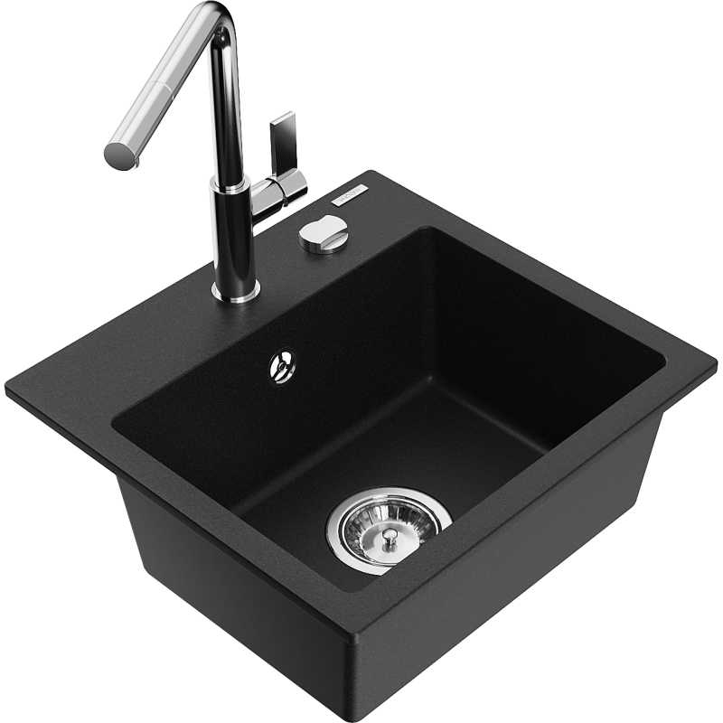 Mexen Milo granitový dřez 1-komorový s kuchyňskou baterií Flora, černý - 6505-77-670401-00
