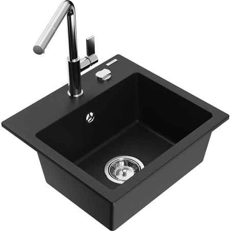 Mexen Milo granitový dřez 1-komorový s kuchyňskou baterií Flora, černý - 6505-77-670401-00