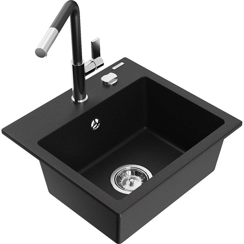 Mexen Milo granitový dřez 1-komorový s kuchyňskou baterií Flora, černý - 6505-77-670401-07